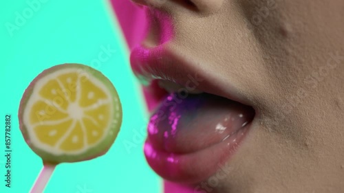 Wallpaper Mural Close Up Of Woman's Mouth Lips Licking Lollipop Candy With Tongue, Studio Shot Torontodigital.ca