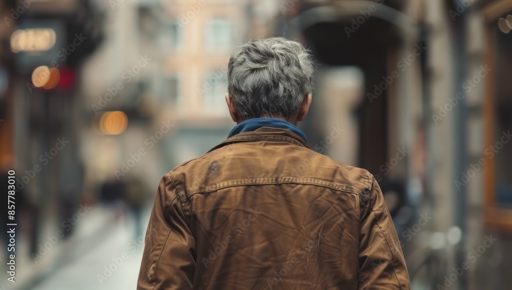 Fototapeta premium A Man Walking Through a City, Looking Away from the Camera