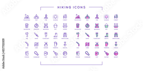 A set of linear icons. The theme of tourism and nature walks. Vector illustration. Minimalistic graphics. 96 vector Icons.