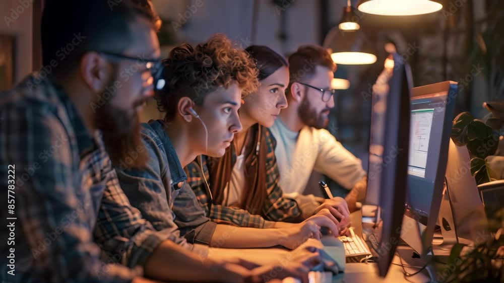 A team of individuals collaborating on a software project while seated at a desk with a computer in front of them, Collaborative team working on a software project A team of individuals collaborating on a software project while seated at a desk with a computer in front of them, Collaborative team working on a software project