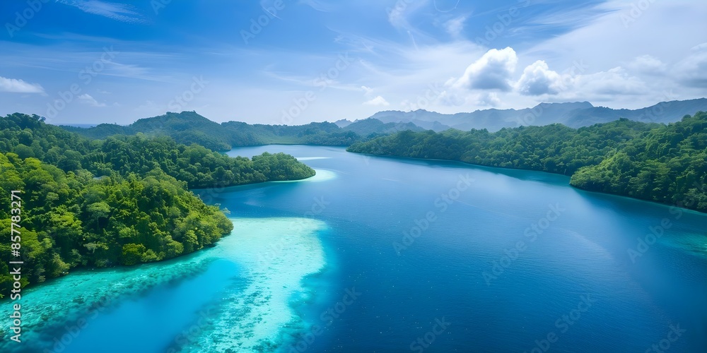 Tropical paradise in Palau with lush forests mountains azure ocean and sunny skies. Concept Tropical Paradise, Palau, Lush Forests, Azure Ocean, Sunny Skies Tropical paradise in Palau with lush forests mountains azure ocean and sunny skies. Concept Tropical Paradise, Palau, Lush Forests, Azure Ocean, Sunny Skies