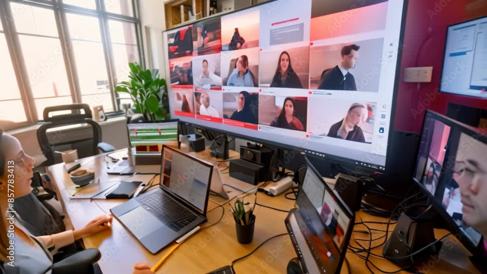 A woman is seated at a desk, working on two laptops simultaneously, Collaborative virtual meetings with colleagues A woman is seated at a desk, working on two laptops simultaneously, Collaborative virtual meetings with colleagues