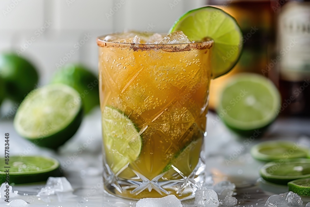 Fototapeta premium A caipirinha cocktail in a short glass, with muddled lime wedges, sugar, and cachasa, served over crushed ice. 