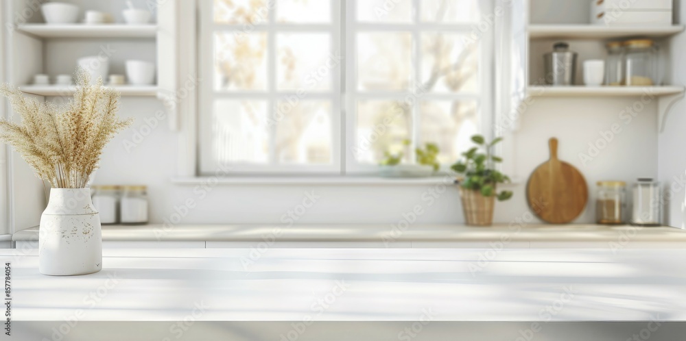 Empty white marble table top and blurred kitchen background, product display montage Empty white marble table top and blurred kitchen background, product display montage