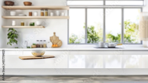 Empty white marble table top and blurred kitchen background, product display montage