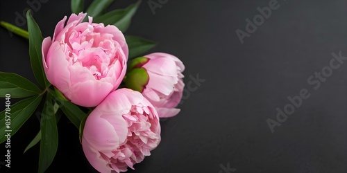 Fototapeta Naklejka Na Ścianę i Meble -  Pink peonies with green leaves on black background center pink flower. Concept Floral Arrangement, Pink Peonies, Green Leaves, Black Background, Centered Composition