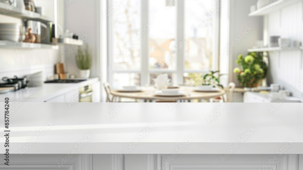 Empty white marble table top and blurred kitchen background, product display montage Empty white marble table top and blurred kitchen background, product display montage