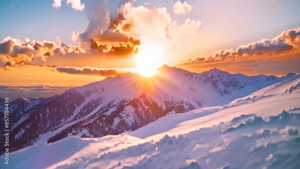 The sun is setting, casting a warm glow over a snow-covered mountain peak, Colorful sunsets illuminating the skies over snowy mountain ranges The sun is setting, casting a warm glow over a snow-covered mountain peak, Colorful sunsets illuminating the skies over snowy mountain ranges