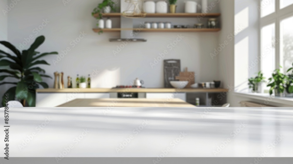 Empty white marble table top and blurred kitchen background, product display montage Empty white marble table top and blurred kitchen background, product display montage