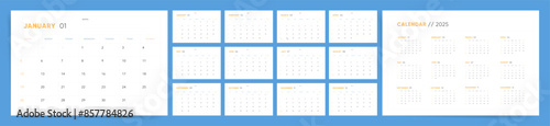 2025 Calendar template design. Week starts on Sunday office calendar. Desktop planner in minimalism clean style. Corporate classic simple calendar. English vector calendar layout.