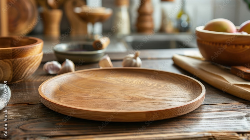 Empty wooden cutting board on table in modern kitchen. space for text Empty wooden cutting board on table in modern kitchen. space for text