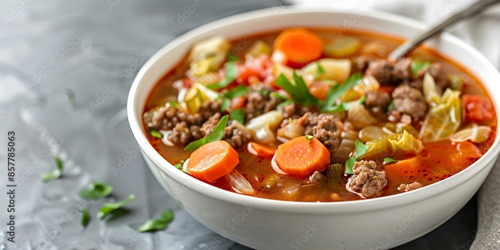 Closeup shot of American hamburger cabbage soup in a white bowl. Concept Food Photography, Closeup Shots, American Cuisine, White Bowl, Cabbage Soup Closeup shot of American hamburger cabbage soup in a white bowl. Concept Food Photography, Closeup Shots, American Cuisine, White Bowl, Cabbage Soup