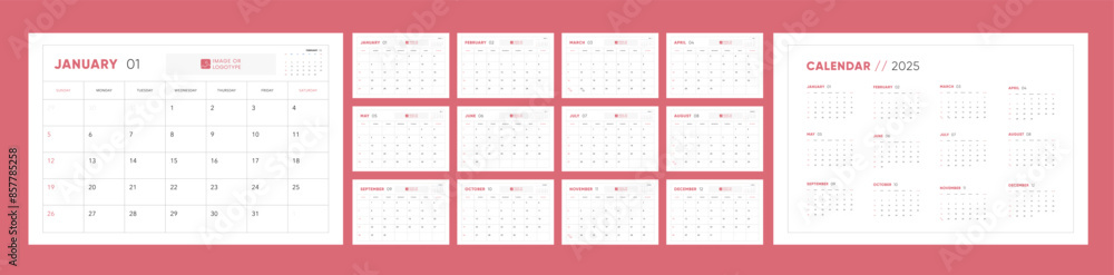 2025 Calendar template design. Week starts on Sunday office calendar. Desktop planner in simple clean style. Corporate or business calendar. English vector calendar layout. 2025 Calendar template design. Week starts on Sunday office calendar. Desktop planner in simple clean style. Corporate or business calendar. English vector calendar layout.
