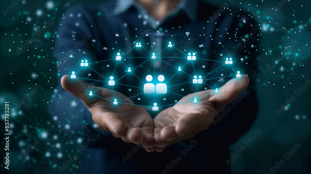 Businessman holding virtual Human Resources network connection icons. Employee Engagement, Talent Management, Workforce Connectivity. Internet business and social network. Businessman holding virtual Human Resources network connection icons. Employee Engagement, Talent Management, Workforce Connectivity. Internet business and social network.