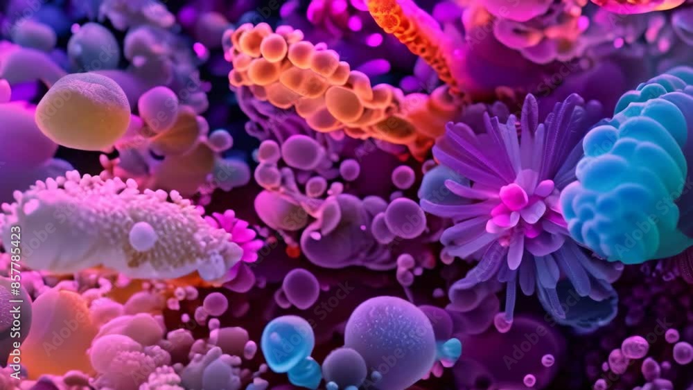 A group of jellyfish floating together, displaying their intricate structures and vibrant colors, Complex and fascinating microorganisms at a microscopic scale A group of jellyfish floating together, displaying their intricate structures and vibrant colors, Complex and fascinating microorganisms at a microscopic scale
