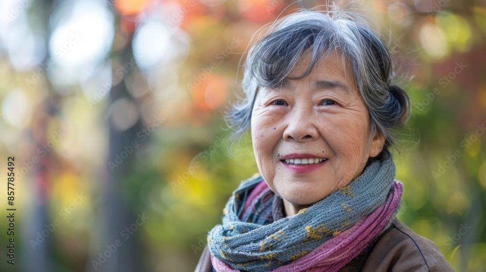 Senior woman smiles while standing in a park Senior woman smiles while standing in a park