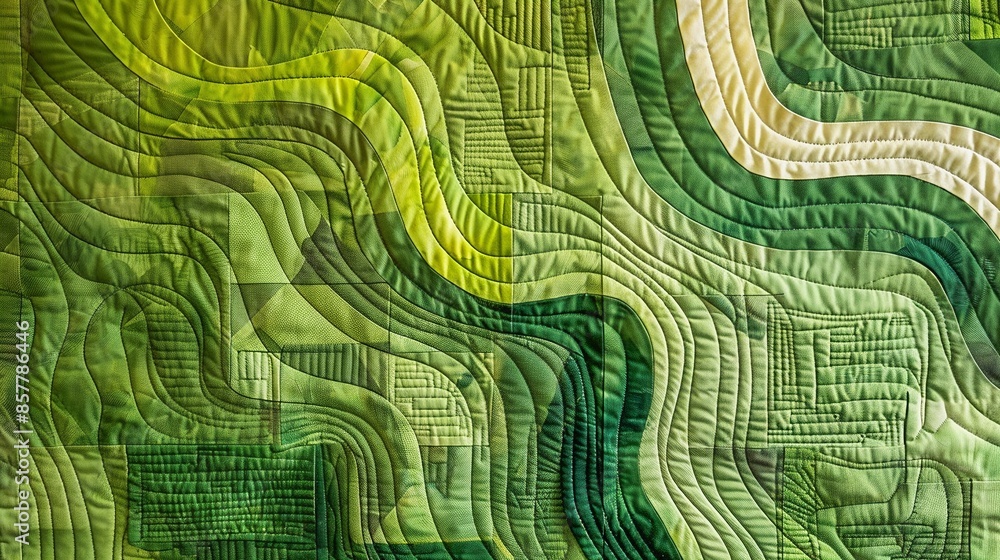 Abstract Quilted Wall Hanging with Green and Yellow Curved Lines - Modern Textile Art Abstract Quilted Wall Hanging with Green and Yellow Curved Lines - Modern Textile Art