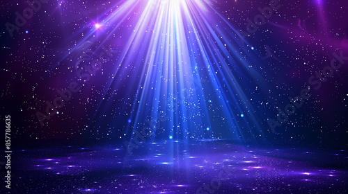abstract magical background with slowing spotlight rays on dark purple starry backdrop for product presentation
