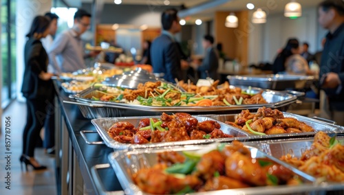 Office Buffet With Chicken Wings and Other Dishes