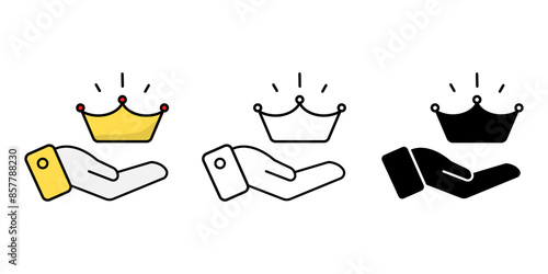 Hand holding crown icons set, premium quality symbol isolated background, silhouette icon, winner flat simple infographics design template. vector illustration.