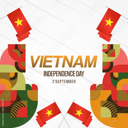 Vietnam Independence Day banner in modern geometric style. Square banner for celebration day with flags and typography. National holiday celebration backgrounds. Happy Vietnam Independence Day