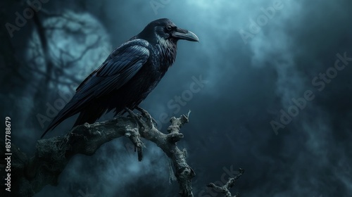 A lone raven perches on a gnarled branch in a foggy, ominous forest