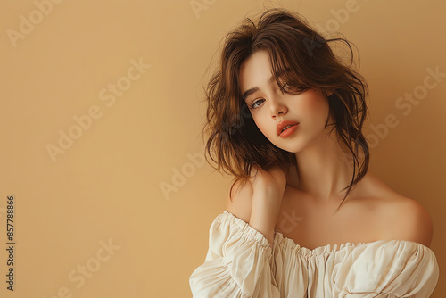 Wallpaper Mural A young woman with long, wavy brown hair, wearing a white off-the-shoulder top, looks down with a thoughtful expression.  The background is a warm beige. Torontodigital.ca