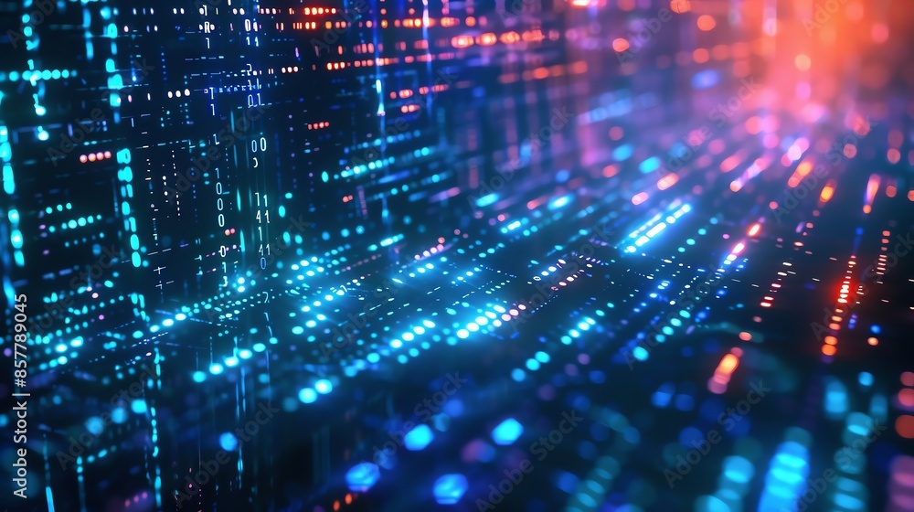 Abstract digital background with glowing blue and red lines and dots, representing data flow and technology.