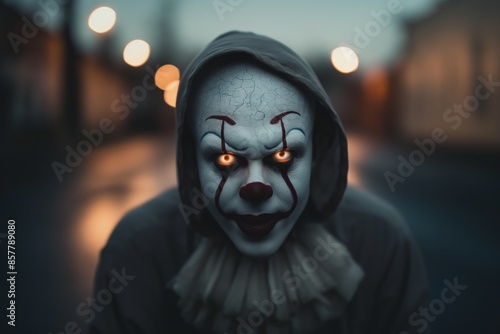 A sinister clown with glowing eyes stares into the camera photo