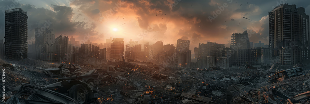 A post-apocalyptic cityscape with crumbling buildings and a dark, ominous sky