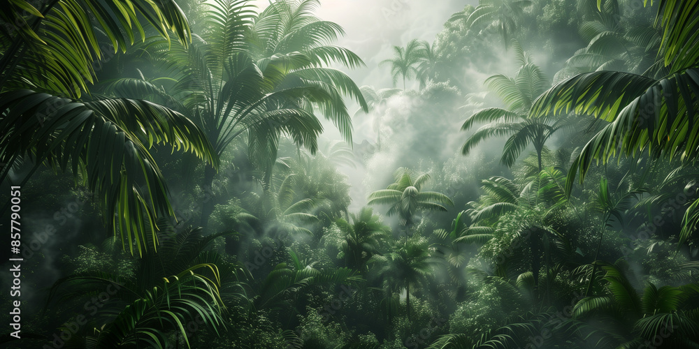 A dense jungle with palm trees A dense jungle with palm trees