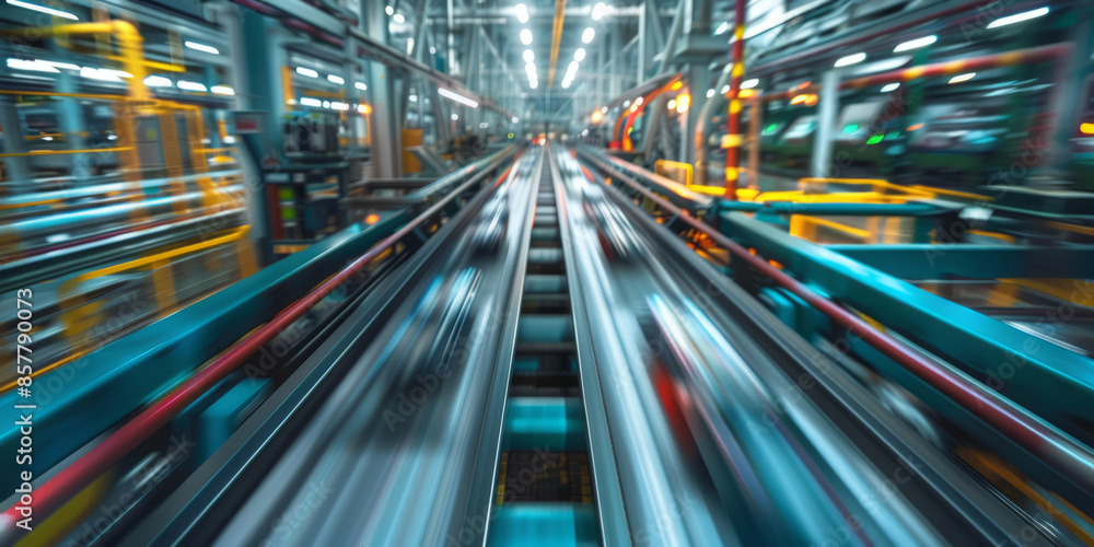 An overhead shot of a conveyor belt transporting products through different stages of manufacturing An overhead shot of a conveyor belt transporting products through different stages of manufacturing