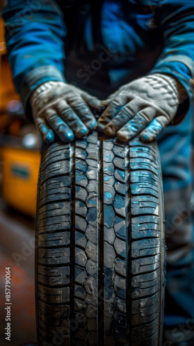 A mechanics gloved hands hold a new car tire, showcasing the tread pattern and the intricate details of the rubber
