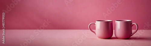 Two pink mugs on pink background, Companionship, happiness and friendshp concept background