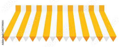 Yellow tent of shop. Awning on store and cafe. Roof of window marketplace. Yellow-white stripe canopy for store or market. Striped sunshade for restaurant. Parasol on white background. eps 10