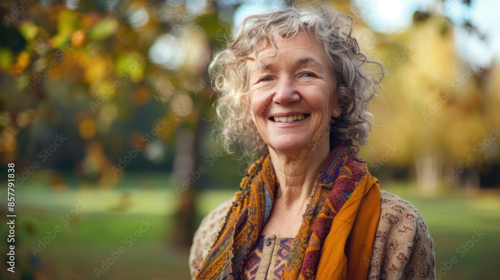 A woman in an autumn park smiles at the camera A woman in an autumn park smiles at the camera