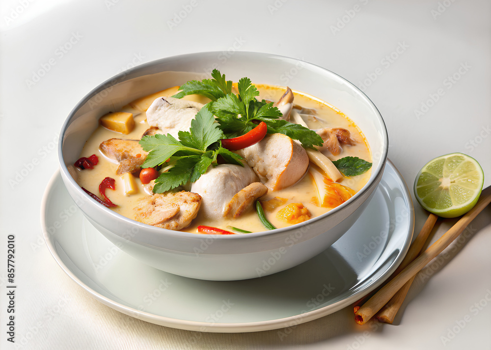 Tom Kha soup with coconut milk with chicken and herbs on a table, Thai cuisine. Tom Kha Gai Soup in bowl Tom Kha soup with coconut milk with chicken and herbs on a table, Thai cuisine. Tom Kha Gai Soup in bowl