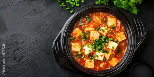 Topdown image of kimchi jjigae stew with tofu and vegetables. Concept Food Photography, Korean Cuisine, Kimchi Jjigae, Tofu Dish, Topdown shot