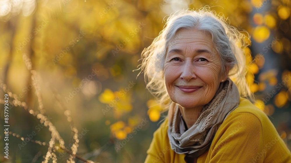 Senior woman smiles while standing in an autumn forest Senior woman smiles while standing in an autumn forest
