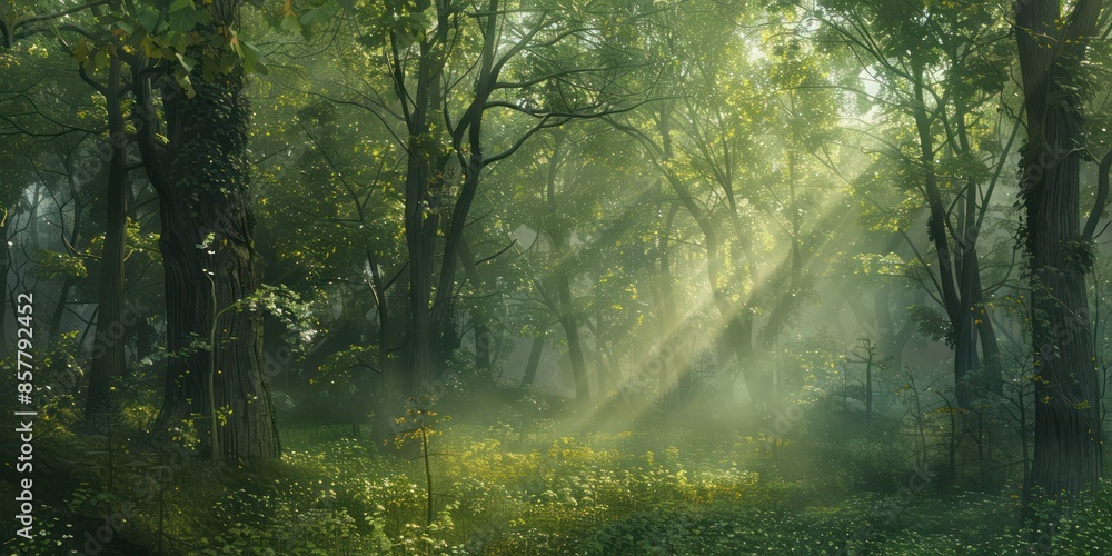Fototapeta premium Sunburst among the forest trees. Tropical rainforest morning light.