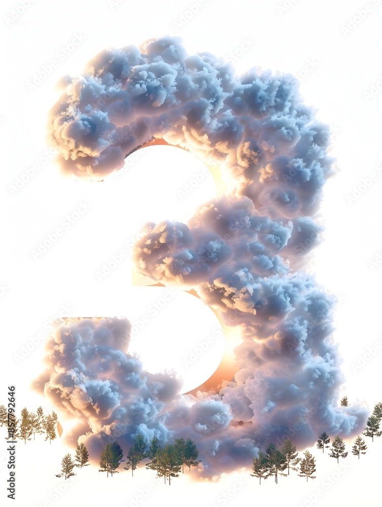 Fototapeta premium Luminous 3D Cloud-Shaped Number 3 in Twilight Landscape Background