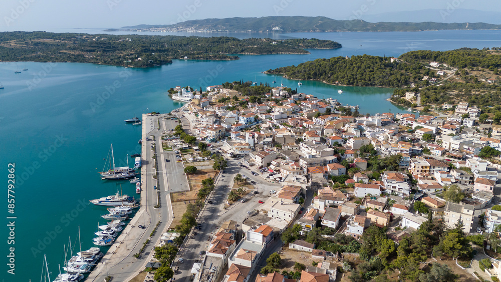 Fototapeta premium Aerial view of Porto Cheli, a luxury seaside retreat at the east edge of the Peloponnese peninsula, Greece