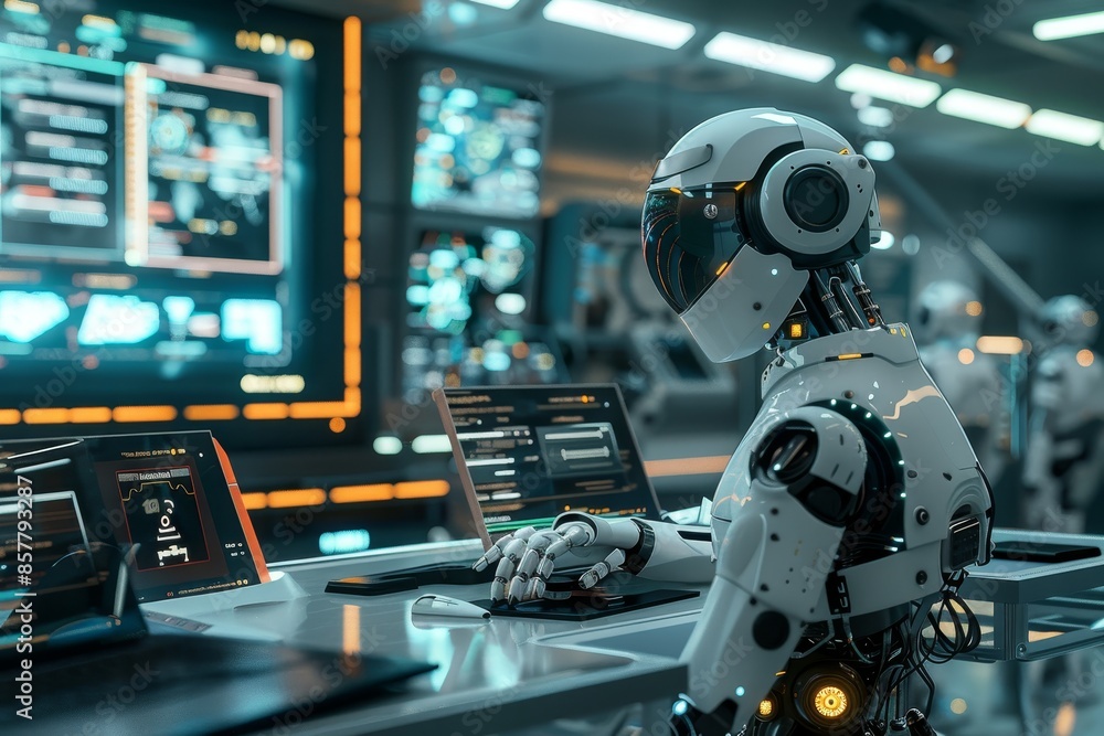 Fototapeta premium Futuristic workspace with ai and robotic support for advanced operations in a high tech setting