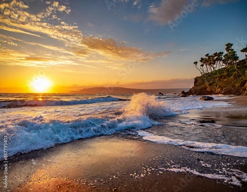 Wallpaper Mural The sun sets on the beach with the waves crashing  Torontodigital.ca