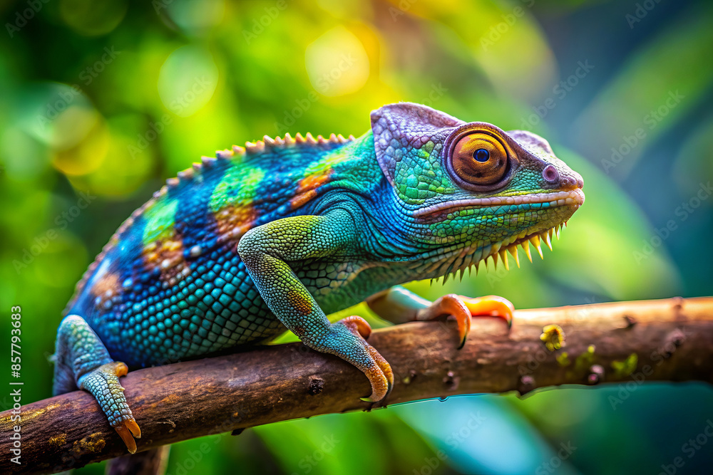 Fototapeta premium Colorful chameleon on a branch, displaying vibrant hues against a lush natural background.