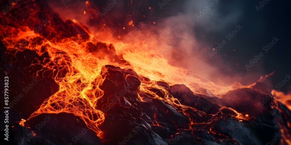 Macro view of volcanic eruption with flowing lava smoke and infernal chaos. Concept Volcanic Eruption, Flowing Lava, Smoke, Infernal Chaos, Macro View Macro view of volcanic eruption with flowing lava smoke and infernal chaos. Concept Volcanic Eruption, Flowing Lava, Smoke, Infernal Chaos, Macro View