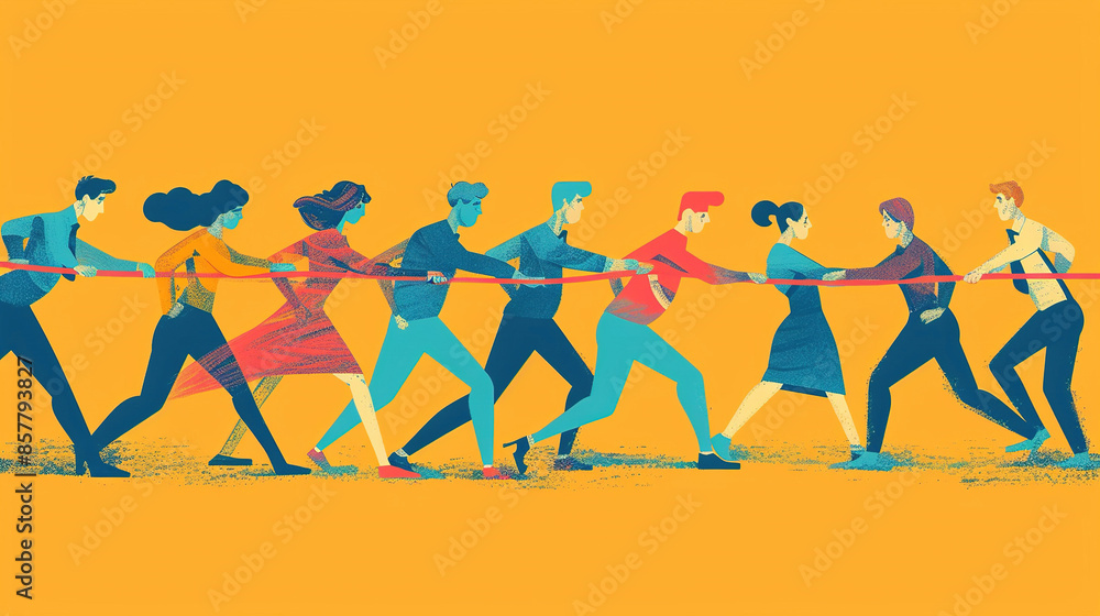 Create a compelling illustration of a team using a rope, symbolizing collaboration, strength, and unity in achieving common goals Create a compelling illustration of a team using a rope, symbolizing collaboration, strength, and unity in achieving common goals