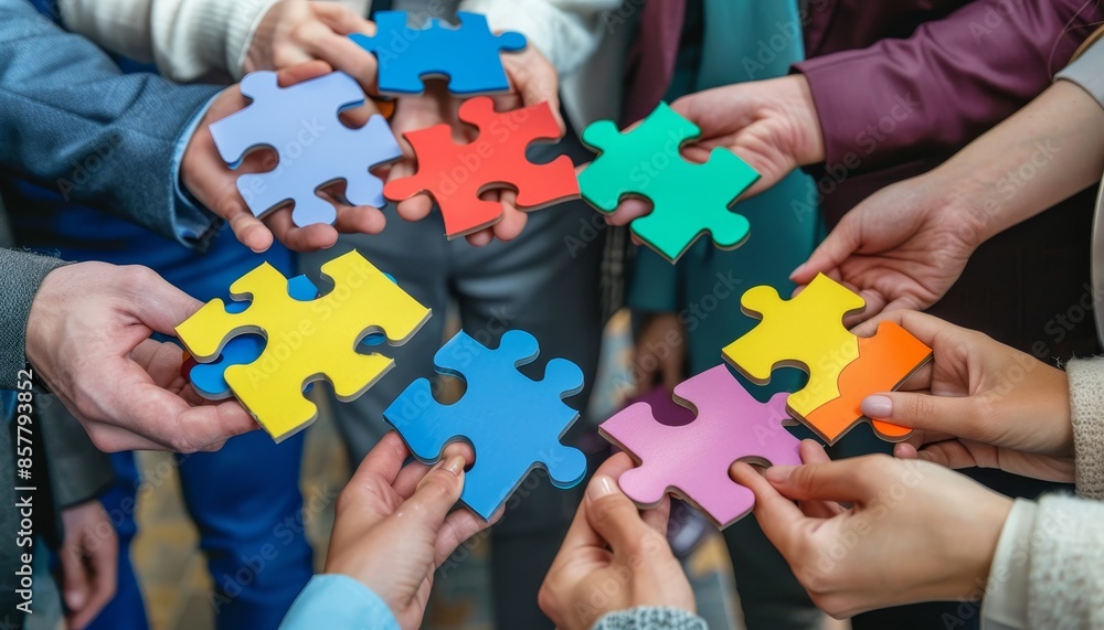 High angle view of business team holding colorful puzzle pieces for teamwork and strategy High angle view of business team holding colorful puzzle pieces for teamwork and strategy