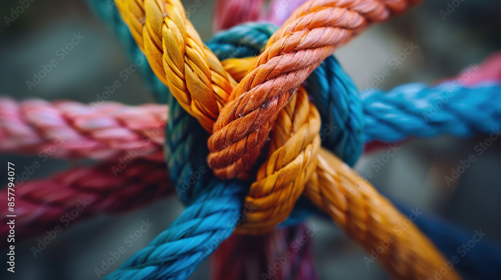 A team rope symbolizes diverse strengths, connecting partnership, teamwork, unity, communication, and support. This concept illustrates how a strong, varied network integrates into a braided A team rope symbolizes diverse strengths, connecting partnership, teamwork, unity, communication, and support. This concept illustrates how a strong, varied network integrates into a braided