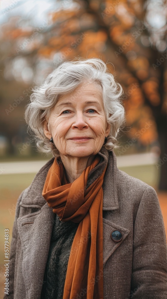 An elderly woman wearing a brown coat and orange scarf An elderly woman wearing a brown coat and orange scarf